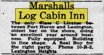 Marshalls Log Cabin Inn - May 1951 For Sale Ad